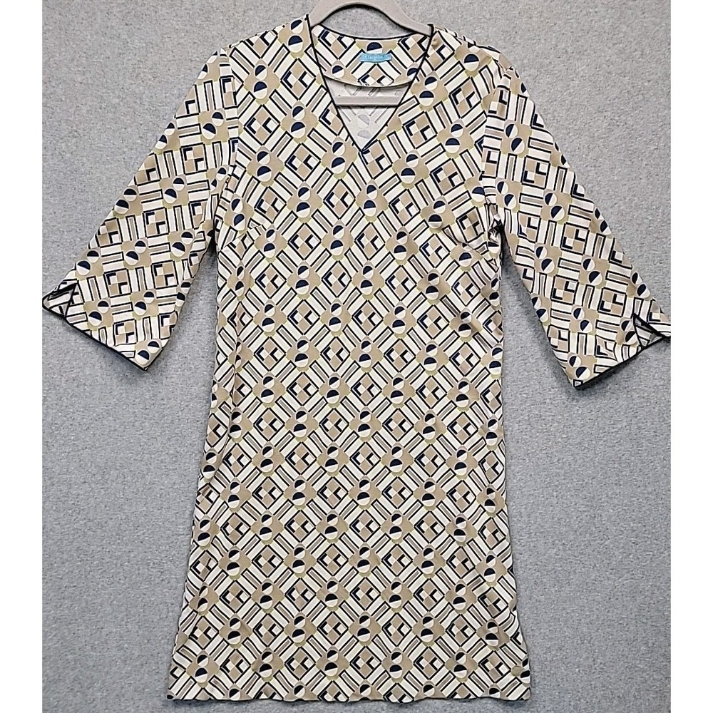 J. McLAUGHLIN Wmns Sz S Sheath Dress Taupe Navy Cream Green Geometric Jersey EUC